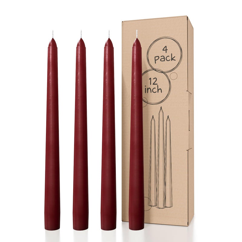 CANDWAX 12 inch Taper Candles Set of 4 - Dripless and Smokeless Candle Unscented - Slow Burning Candle Sticks Perfect as Dinner Candles and Household Candles - Burgundy Candles Taper - Image 1